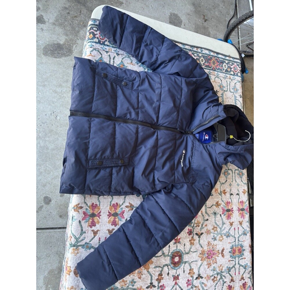 Champion Boys Large 14/16 Hooded Puffer Jacket Navy Blue Quilted Full Zip